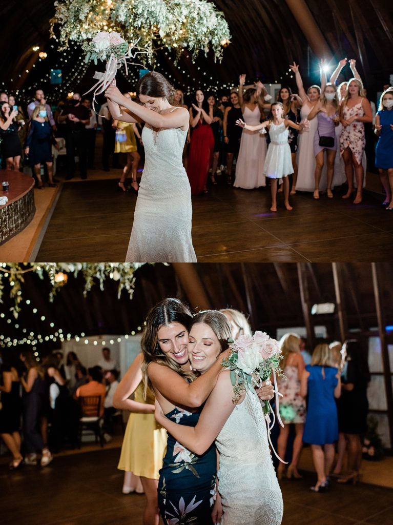 Two image collage of bride throwing the bouquet. 