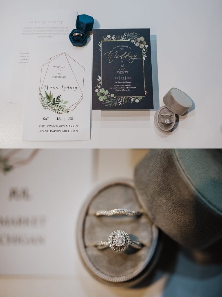 Two image collage of ring & invitations from a Grand Rapids wedding.