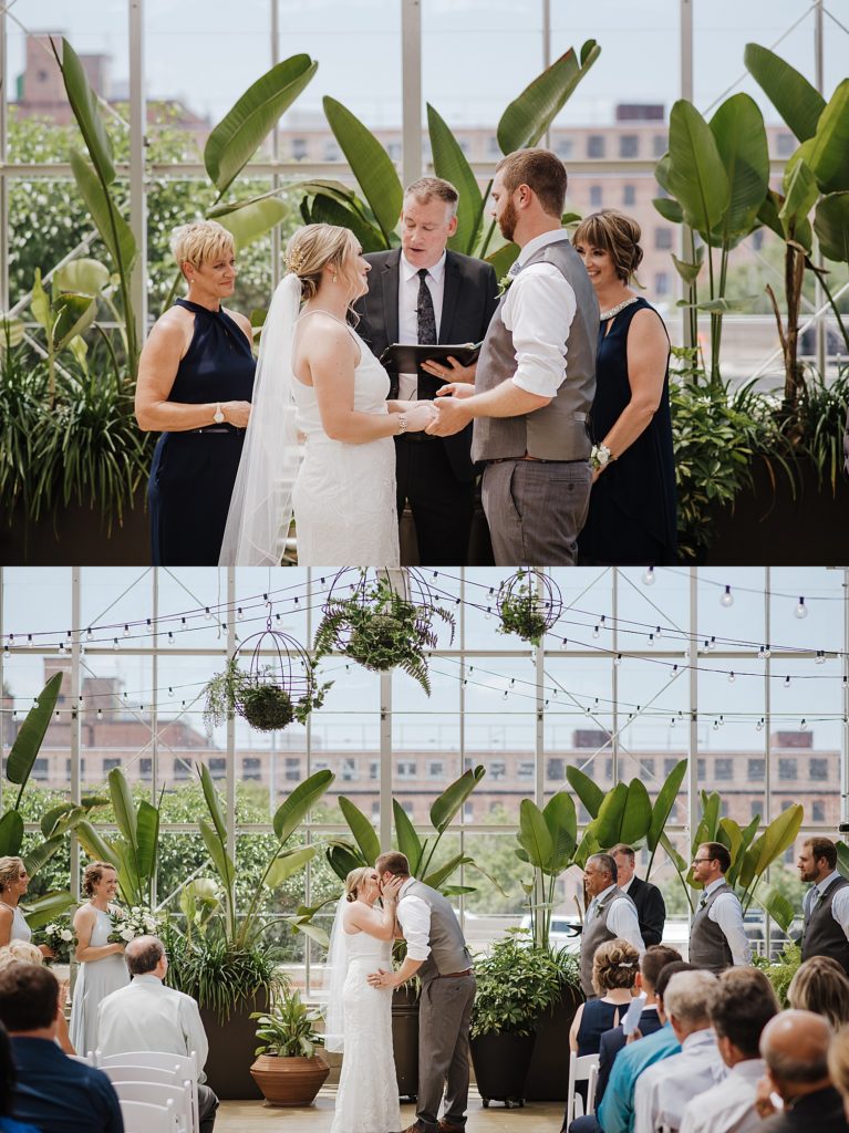 Collage of a wedding ceremony in a greenhouse at Downtown Market in Grand Rapids.