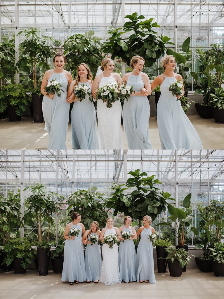 Two image collage of bride with her bridesmaids in front of fig leaf trees. 