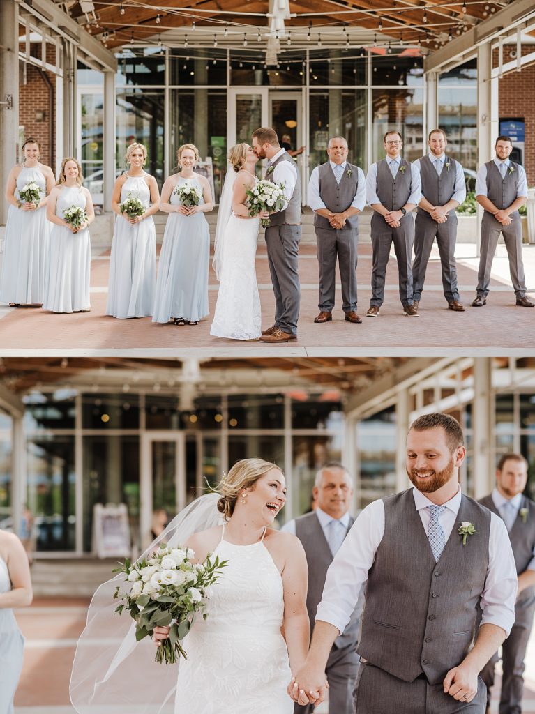 Two image collage of a bride and groom with their wedding party in pastel colors. 