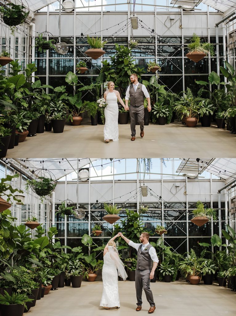 Bride and groom dancing in a greenhouse together at the Downtown Market in Grand Rapids.