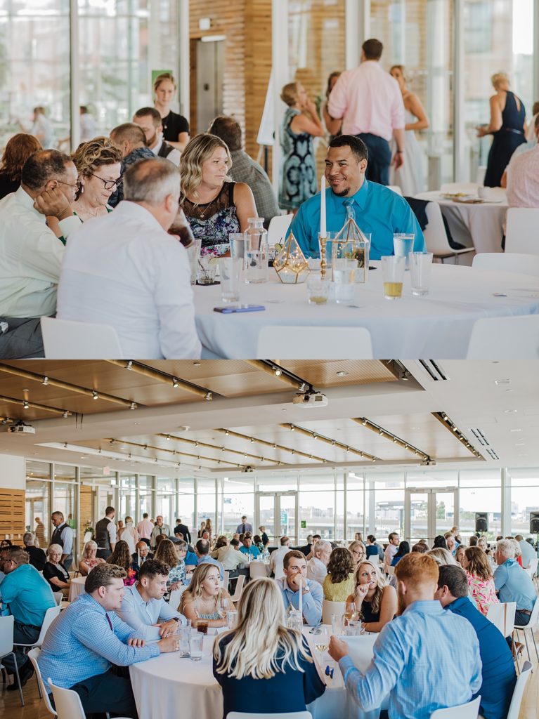 Guests mingling at a reception at the Downtown Market in Grand Rapids.