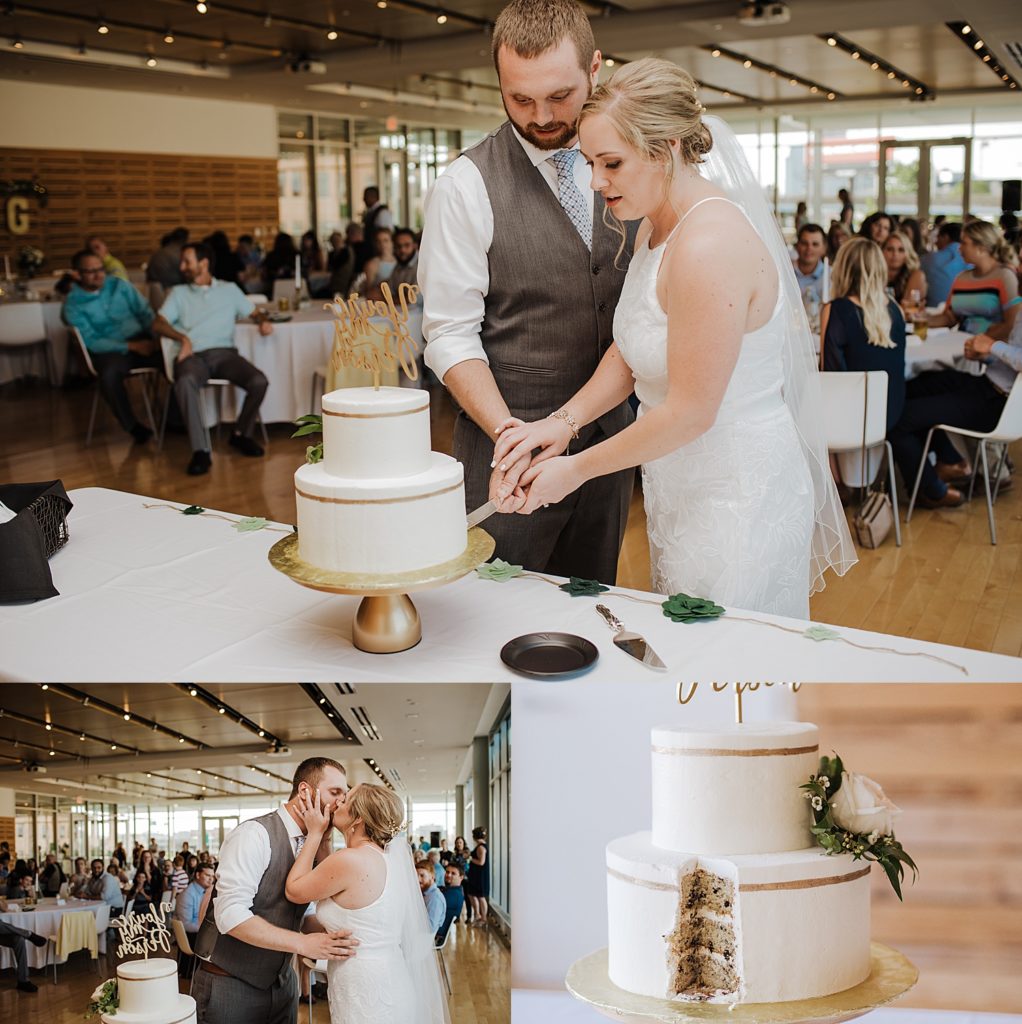 Bride and groom cutting cake in a collage of images.