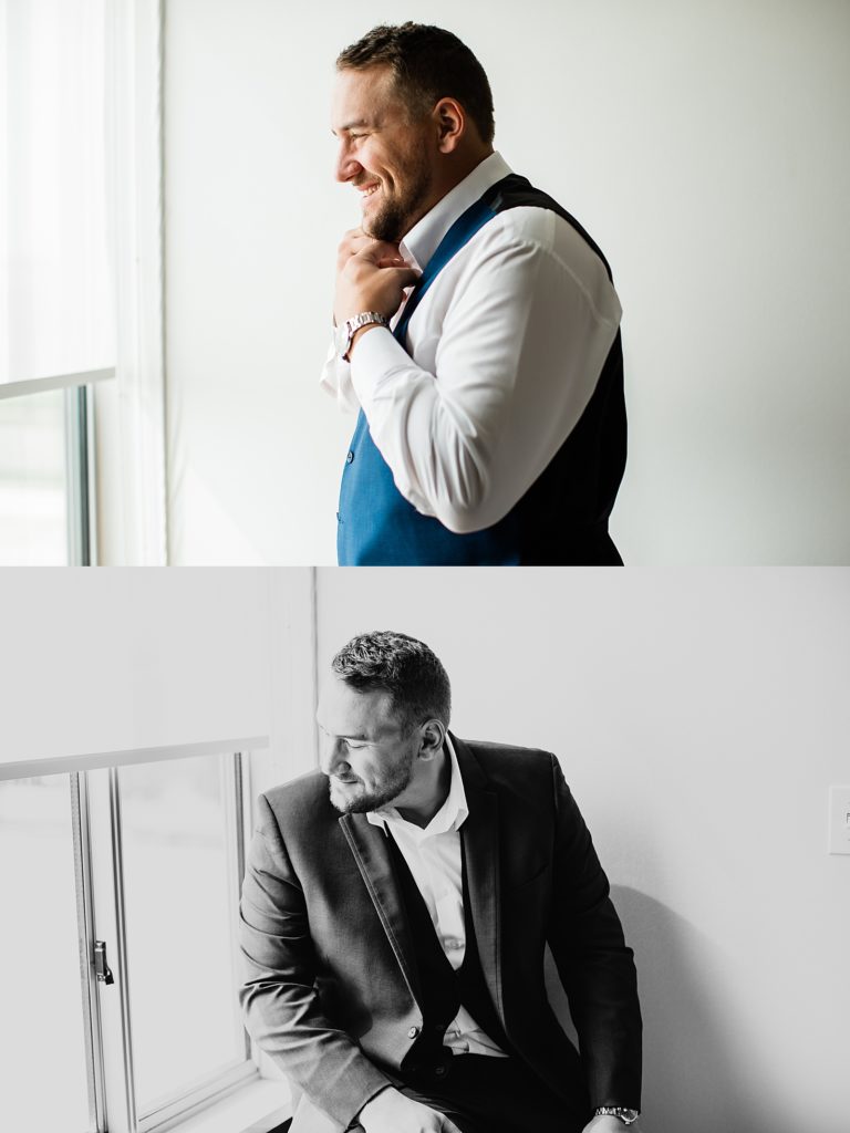 Two image collage of a groom getting ready. 