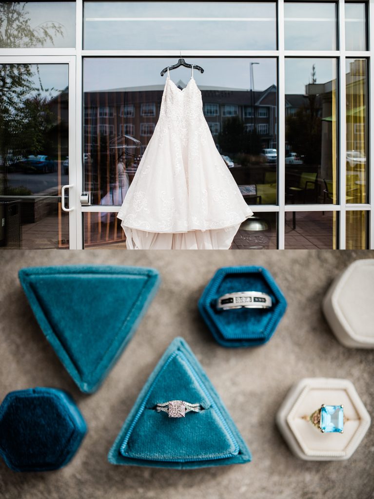 Two image collage of a bridal dress hanging on a window, and rings in boxes. 