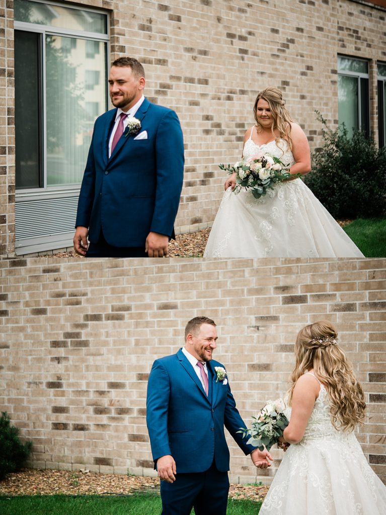 Two image collage of bride and groom's first look before their Michigan wedding.