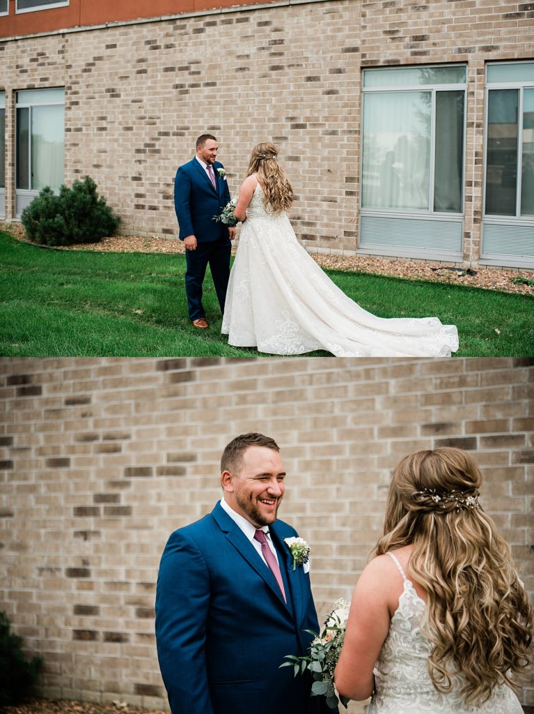 Two image collage of a bride and groom's first look before their wedding ceremony. 
