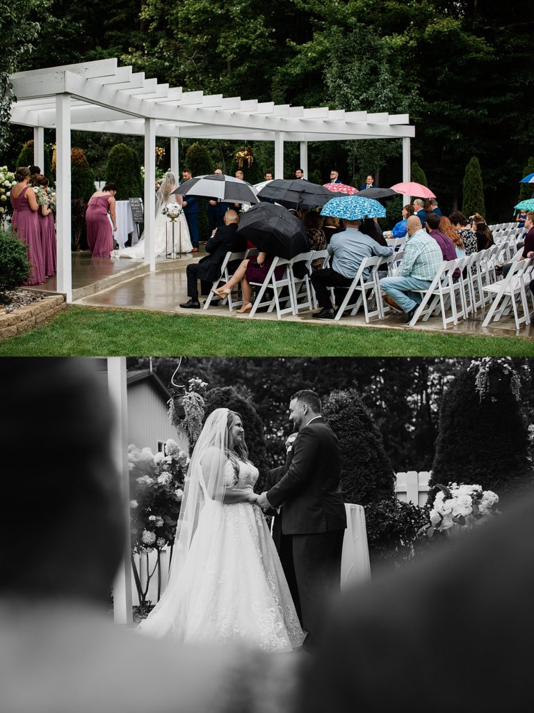 Outdoor rainy wedding ceremony in Michigan. 
