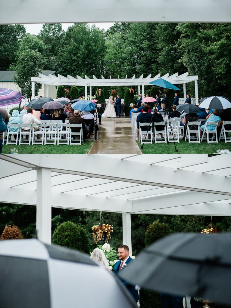 Two image collage of an outdoor rainy wedding ceremony in Michigan. 