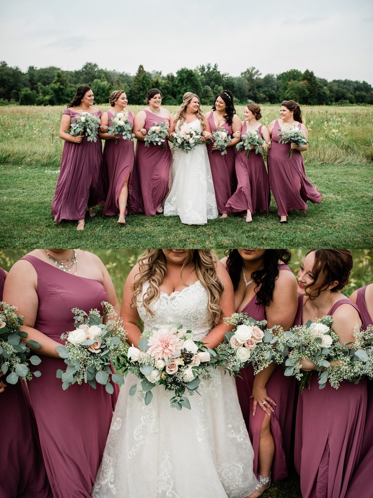 Bride and her bridesmaids in a field for this Saginaw Michigan Wedding. 