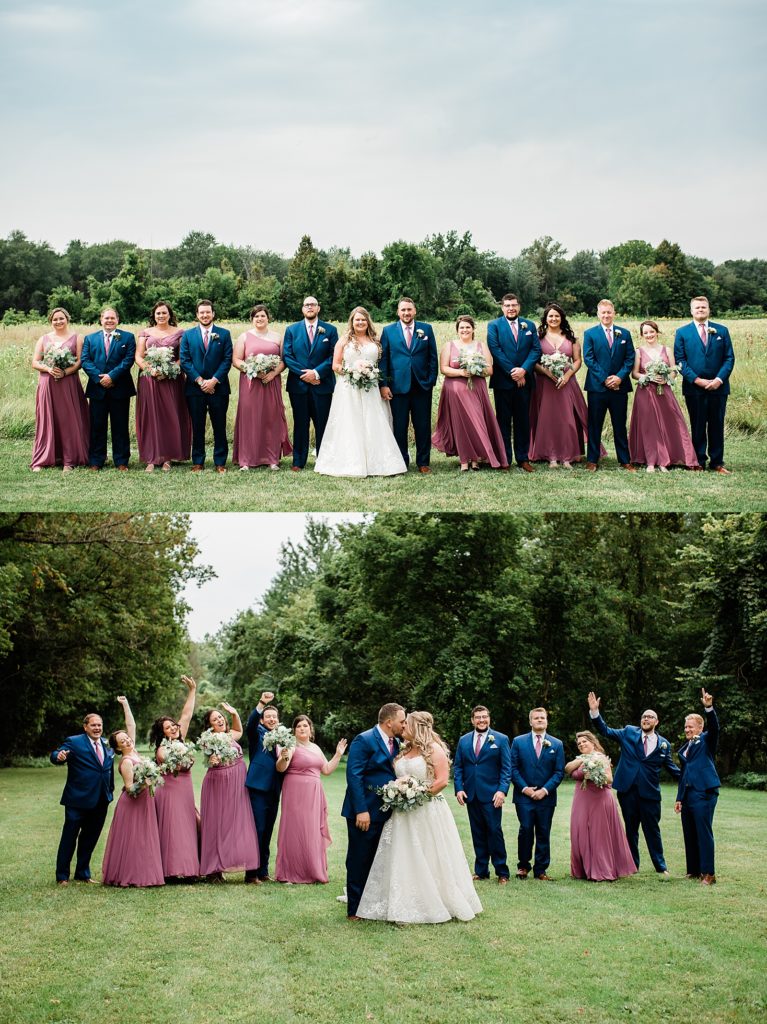 Bride and groom with their entire wedding party in this two image collage. 