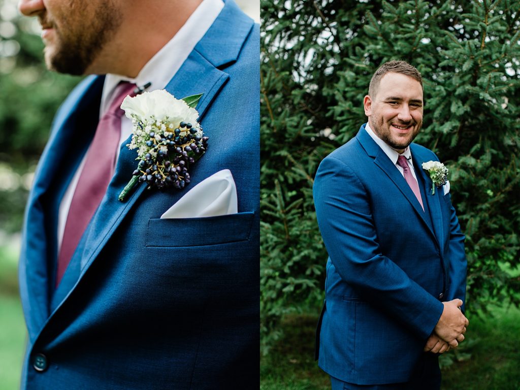 Two image collage of groom portraits. 