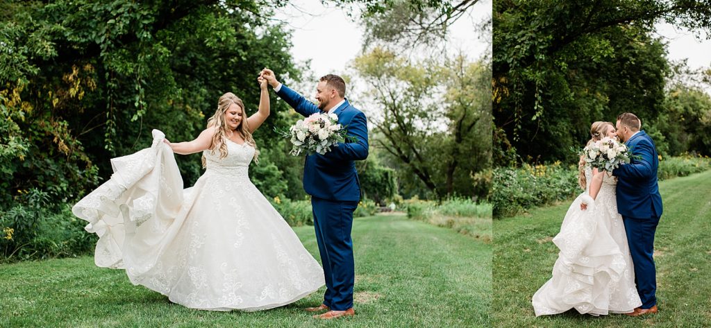 Two image collage of bride and groom dancing in a lawn. 