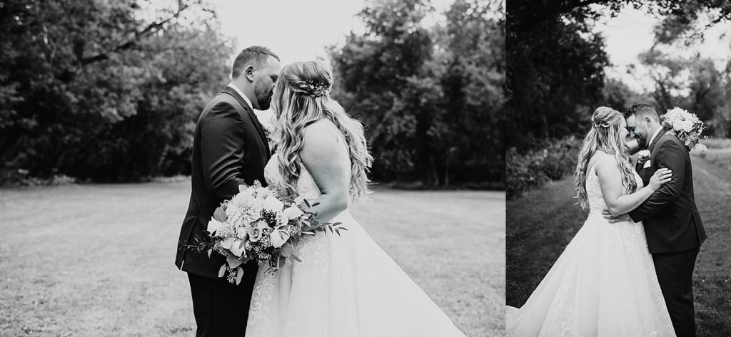 Two image collage of black and white images of bride and groom embracing. 