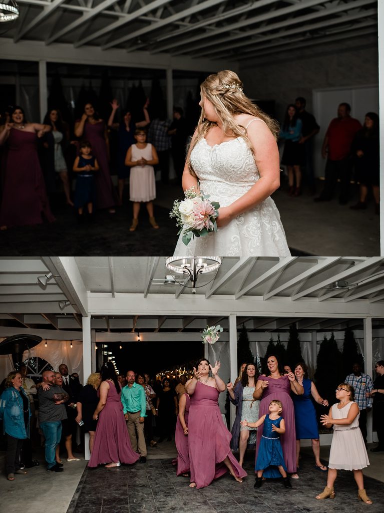 Two image collage of bride tossing her bouquet. 