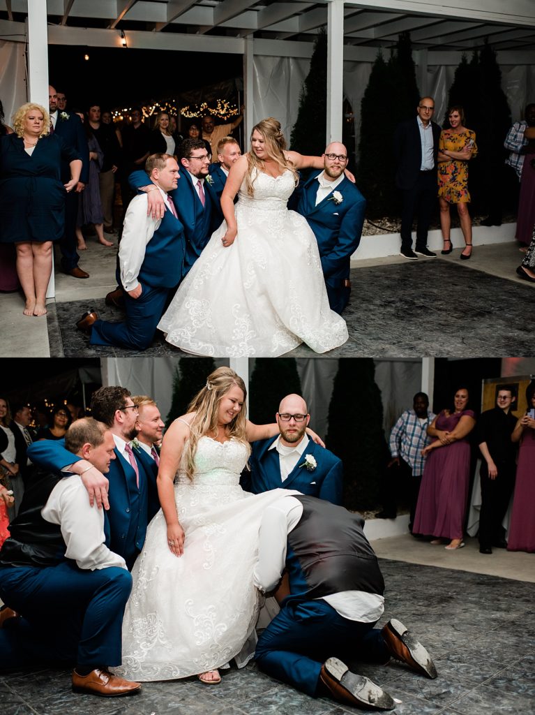 Two image collage of groom getting garter off bride. 