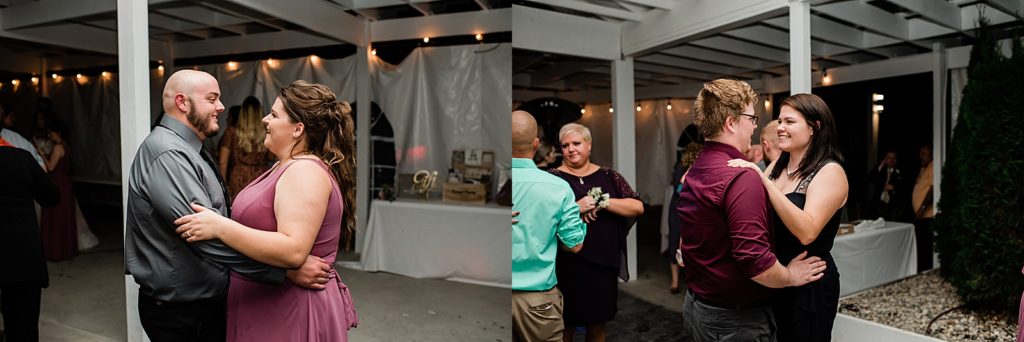 Two image collage of guests dancing at a wedding reception. 