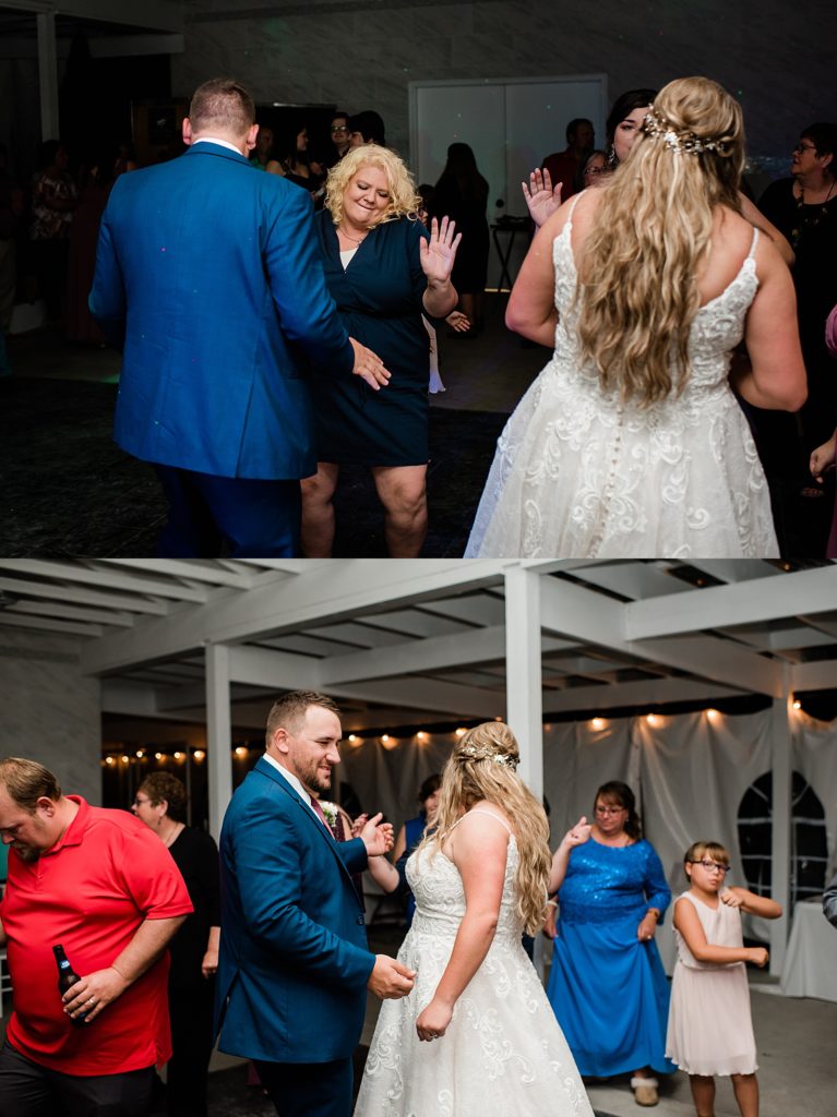 Collage of guests dancing at a wedding reception. 