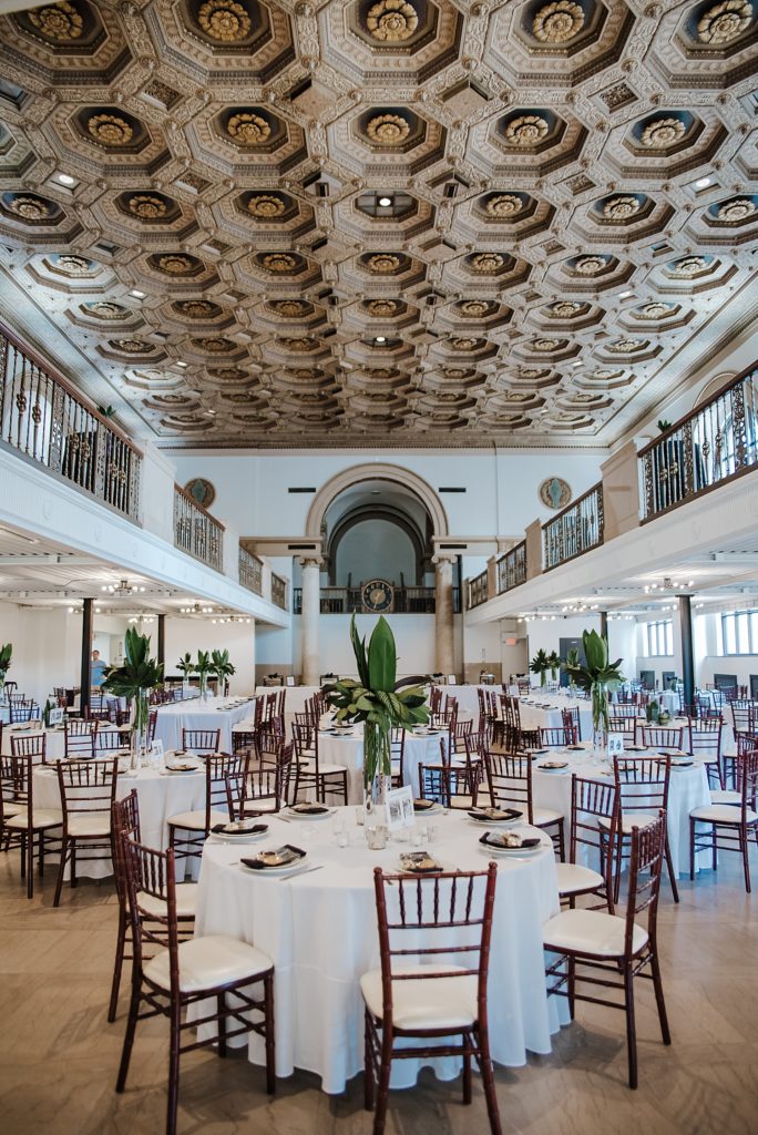 A large indoor wedding reception hall at The Treasury wedding venue. 