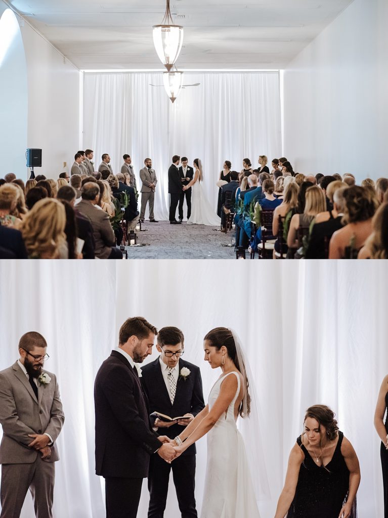 Two image collage of an indoor wedding ceremony at The Treasury wedding venue. 