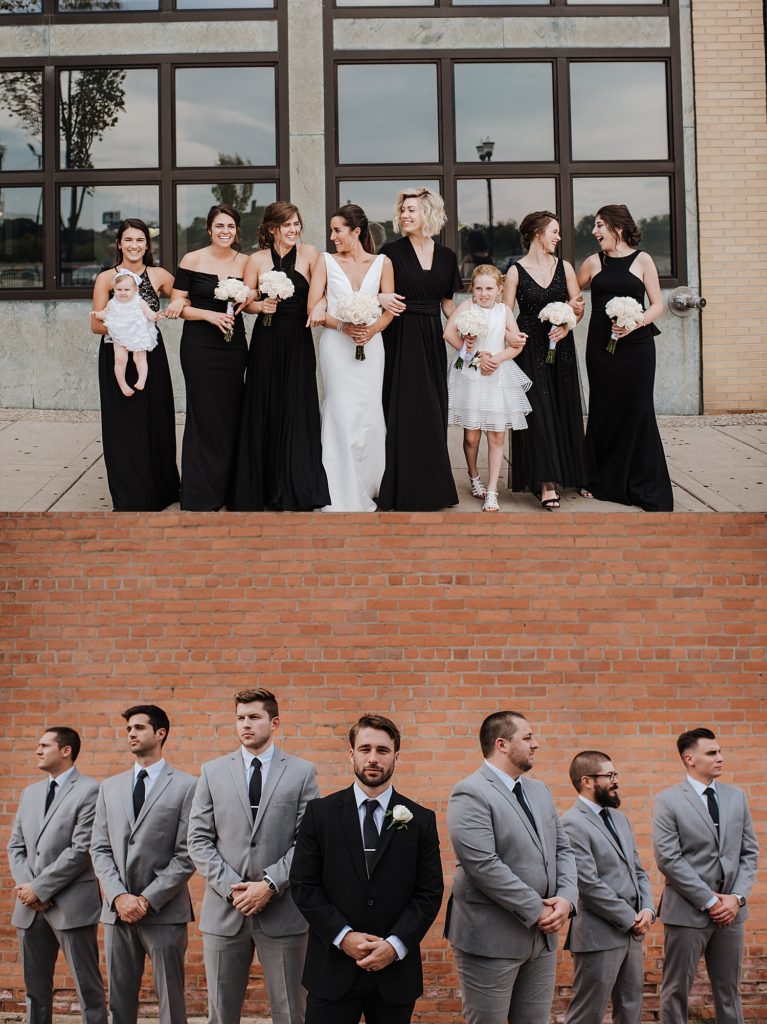 Collage of bride with her bridesmaids and groom with his groomsmen.