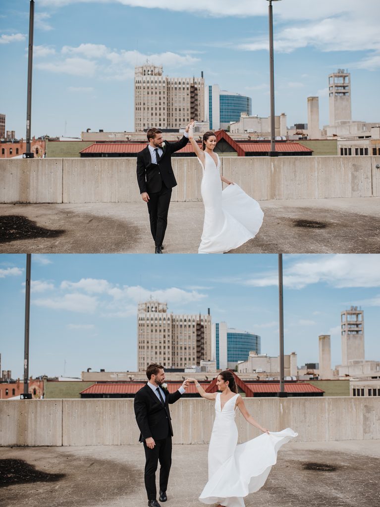 Bride and groom dancing on a rooftop after their wedding at The Treasury wedding venue. 