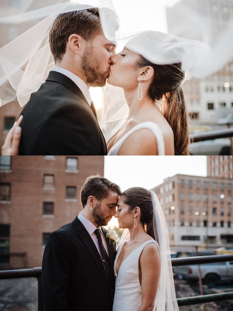 Collage of bride and groom kissing in the setting sun.