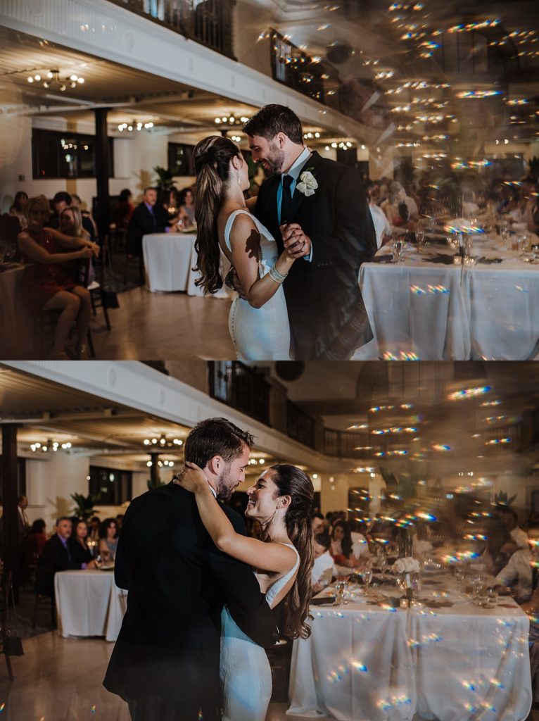 Two image collage of bride and groom sharing a first dance with bokeh lights in the foreground of the images. 