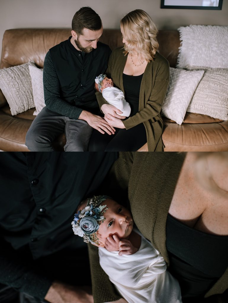 New family of three at their Michigan Lifestyle Newborn session with photographer Brittany Emerson.