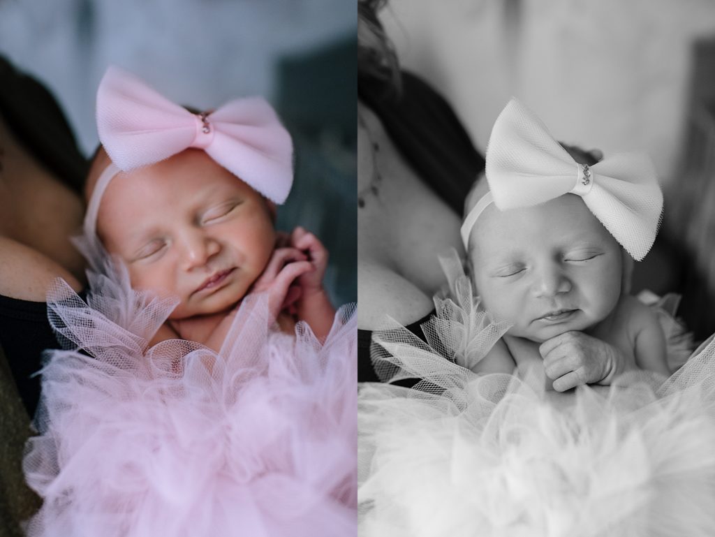 Tiny baby in her mom's arms wearing a tutu and bow for her Michigan lifestyle newborn session.