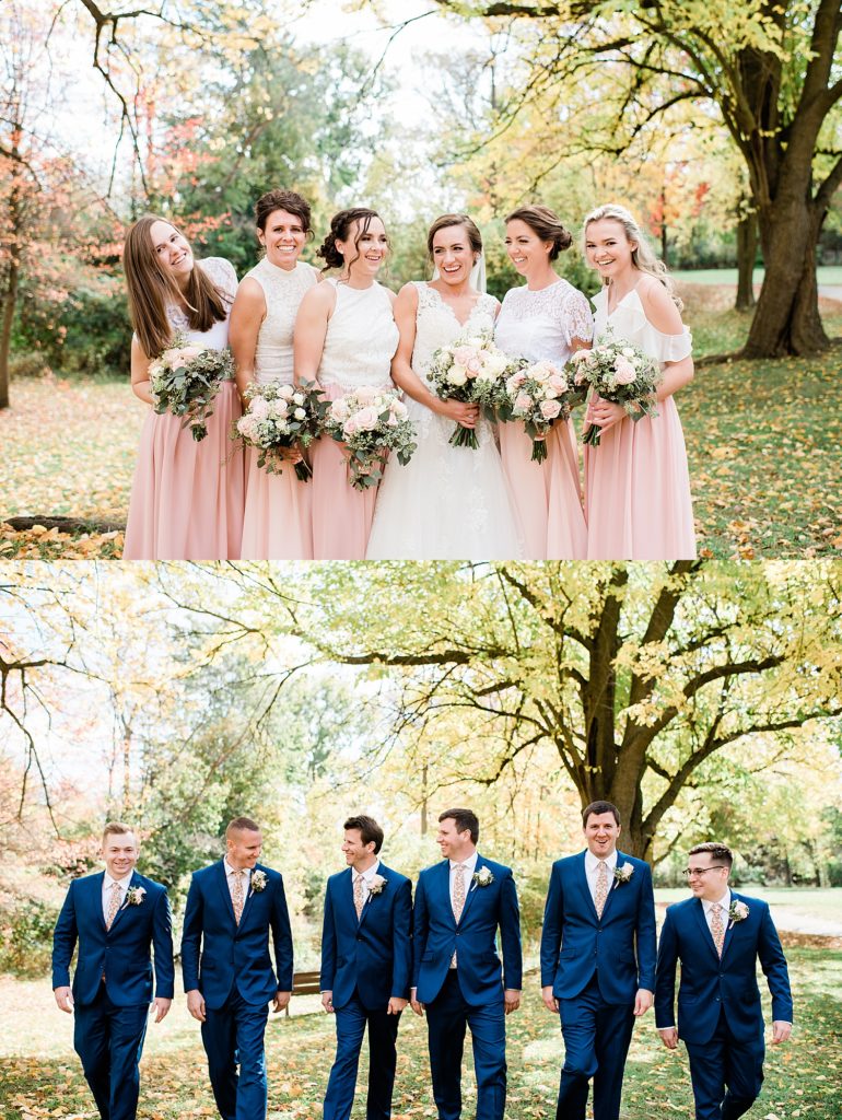 Wedding party in pink and navy blue for their portraits by Michigan wedding photographer, Brittany Emerson.