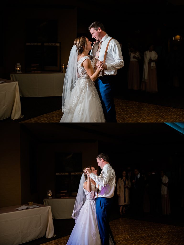 Newlyweds share their first dance together as husband and wife at their wedding reception. 