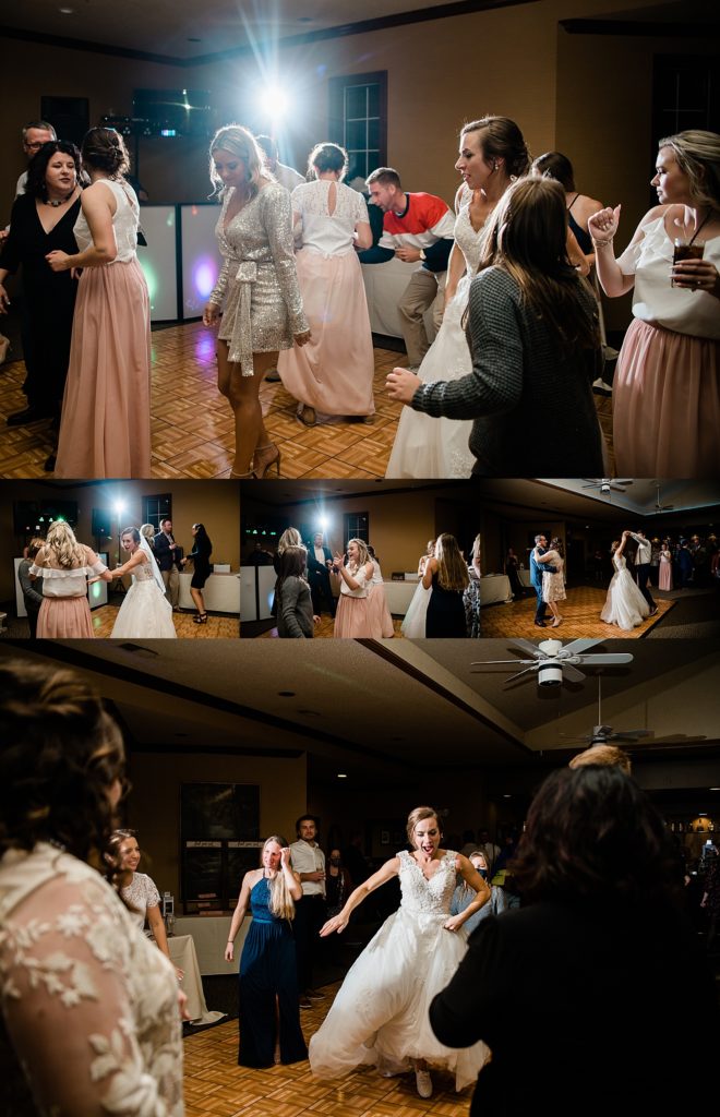 Guests dancing at wedding reception held at Pine Trace Golf Course. 