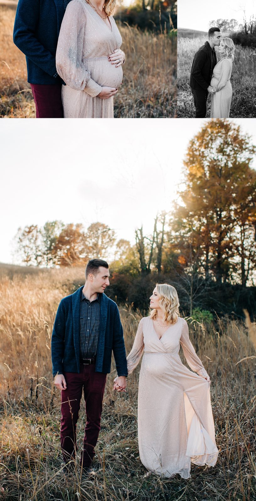 Expecting parents in a field in boho clothes for their maternity session with Michigan photographer Brittany Emerson