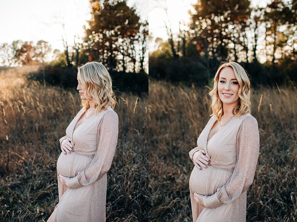 Pregnant woman in a long sparkling flowy dress in a field for her maternity session with Michigan photographer Brittany Emerson.