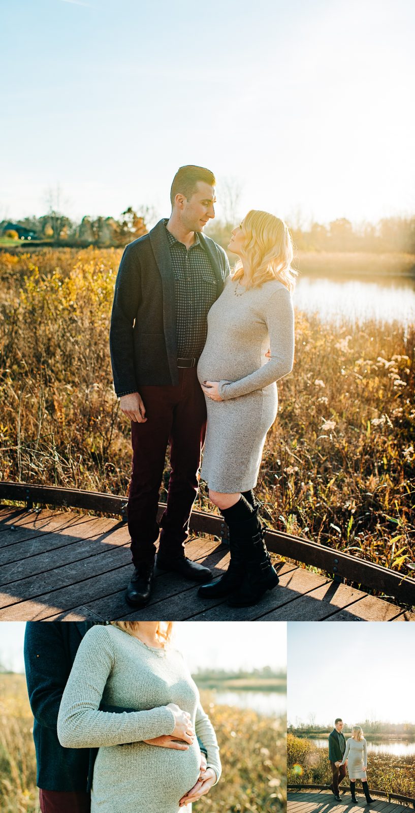 Pregnant woman with her husband near a pond at golden hour, holding her belly.