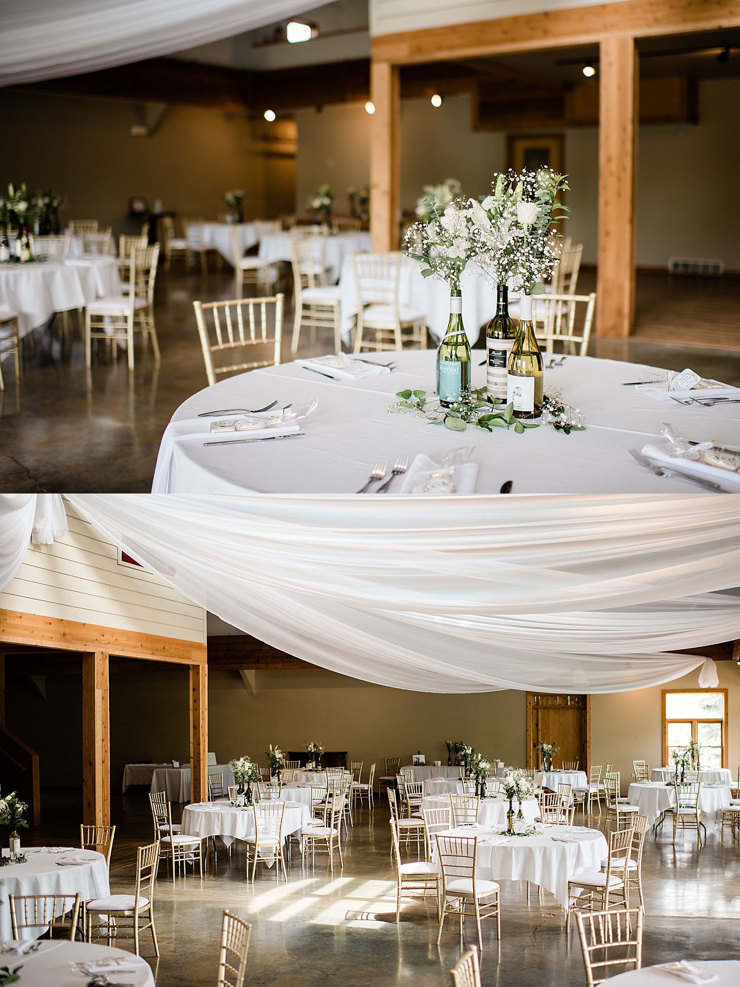 table details with white roses and greenery at Fenton winery and brewery wedding venue