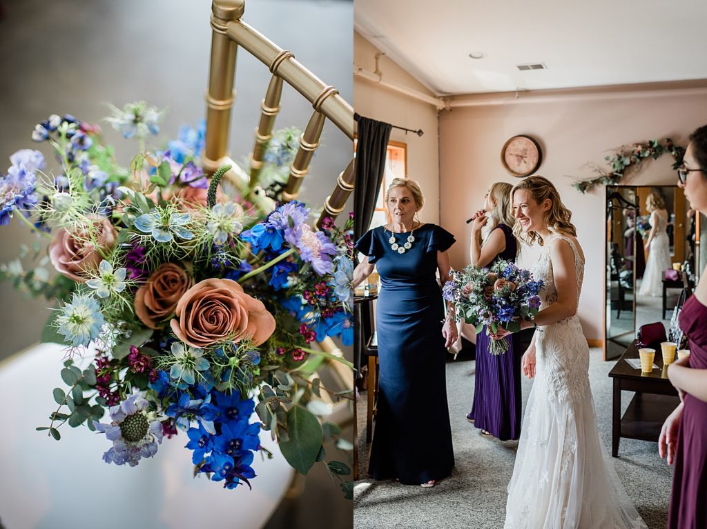 colorful bouquet being held by bride at Fenton winery and brewery wedding venue 