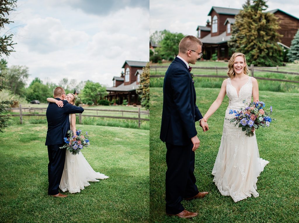 bride and groom share first look outside of Fenton winery and brewery 