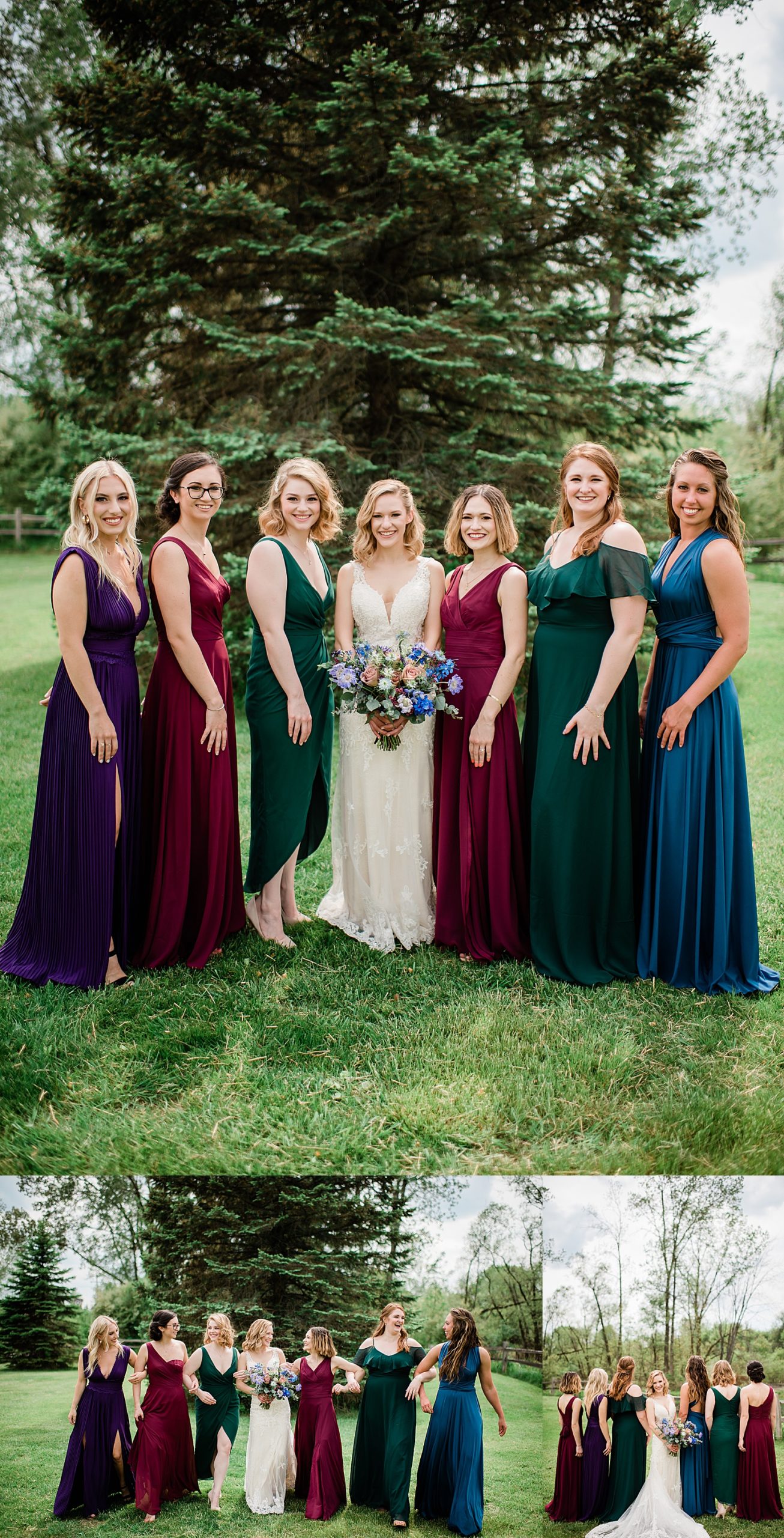 bride and bridesmaids in colorful bridesmaids dresses while holding wedding bouquet 