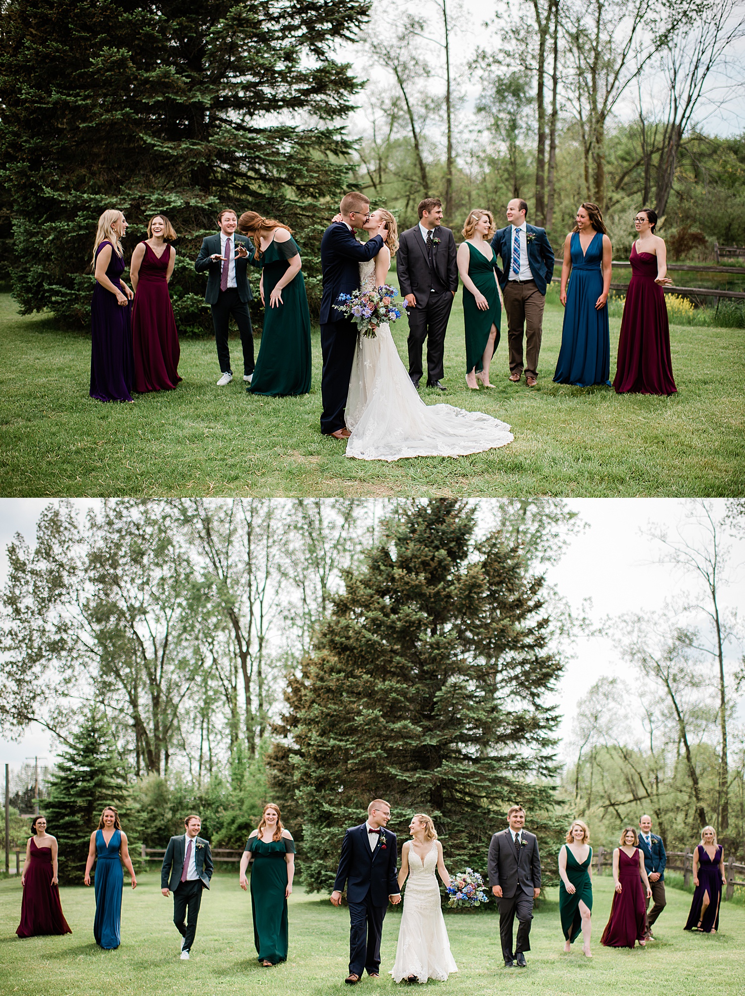 bride and groom share kiss in front of wedding party with Detroit wedding photographer