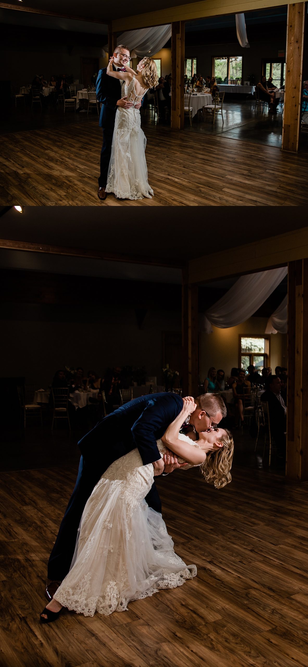 married couple share first dance inside Fenton winery and brewery wedding venue 