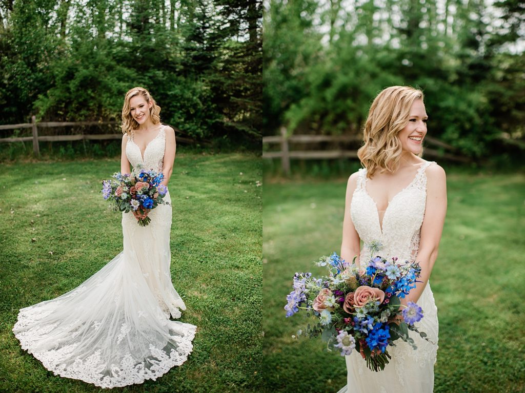 bridal session showing off long wedding dress train and colorful wedding bouquet 