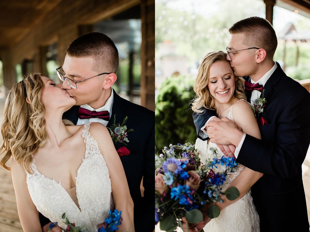 married couple share kiss in front of Detroit wedding photographer