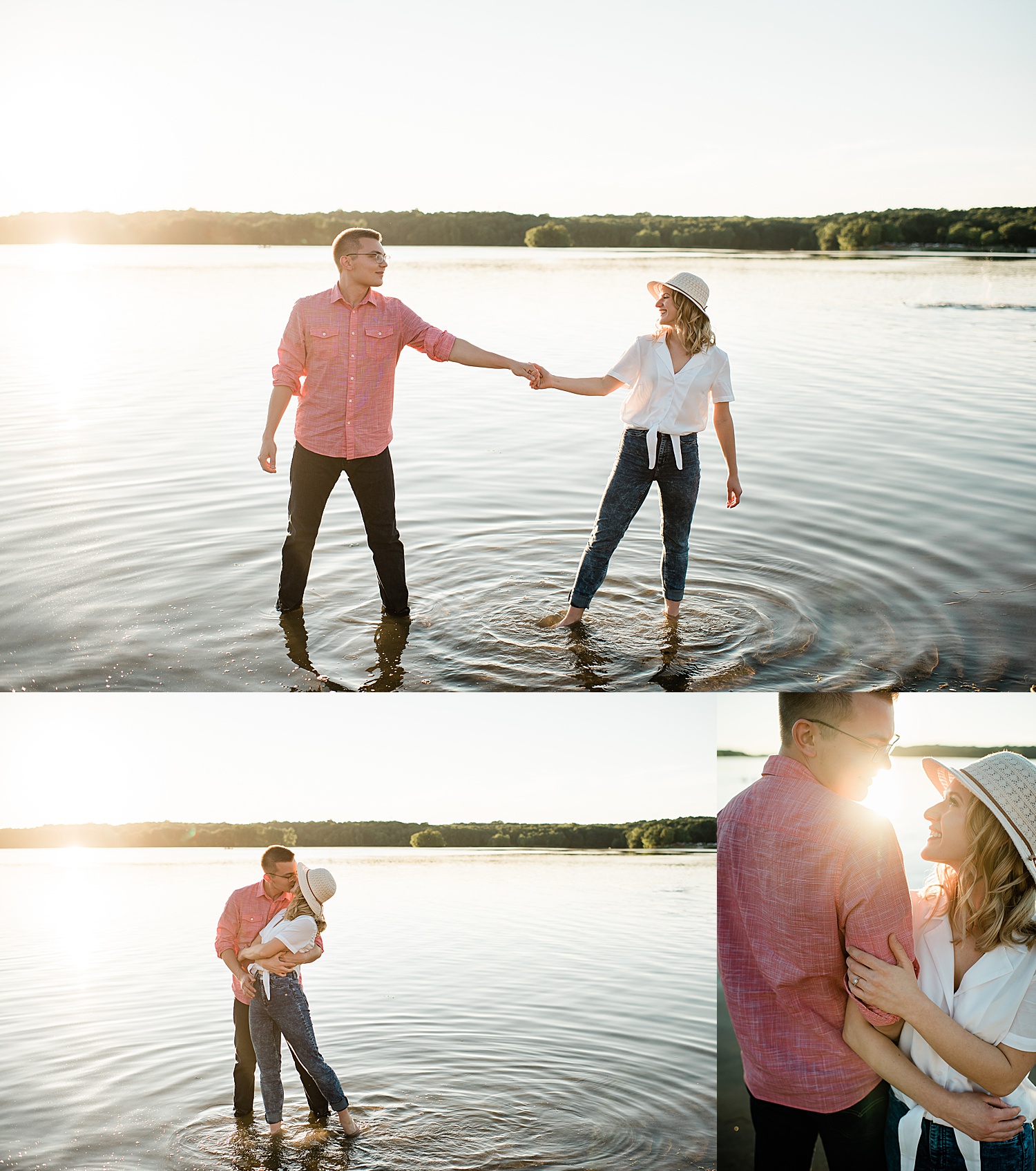 golden hour on the water in Michigan park with newly engaged couple 