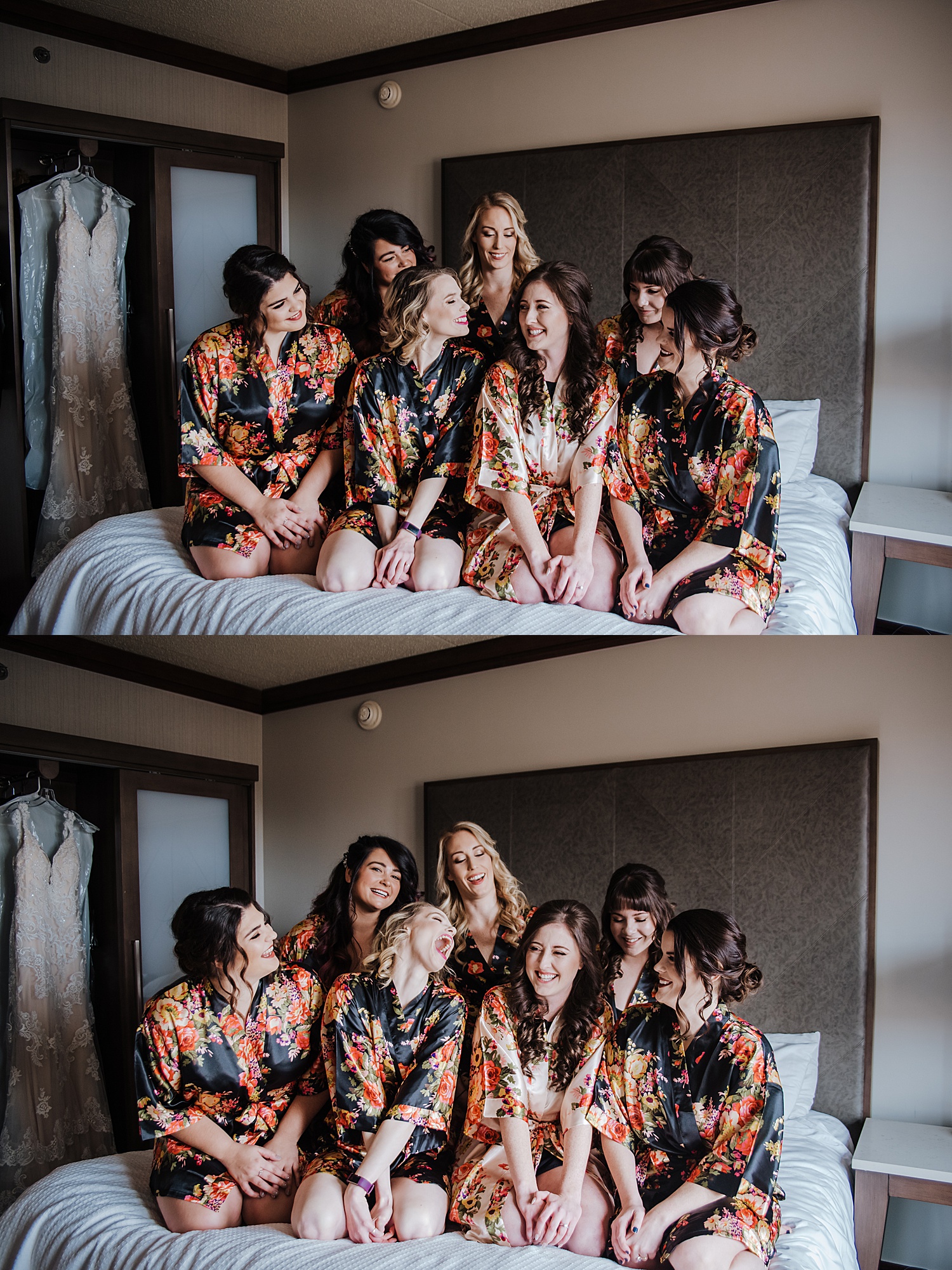 bride and bridesmaids wearing floral robes with hair and make up done
