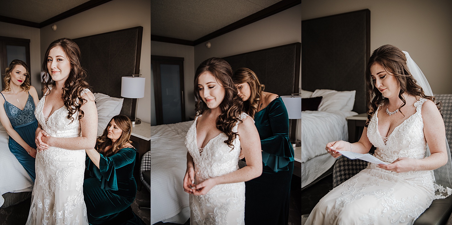 bride finishing up last details while reading a letter from groom at the Inn at St. Johns