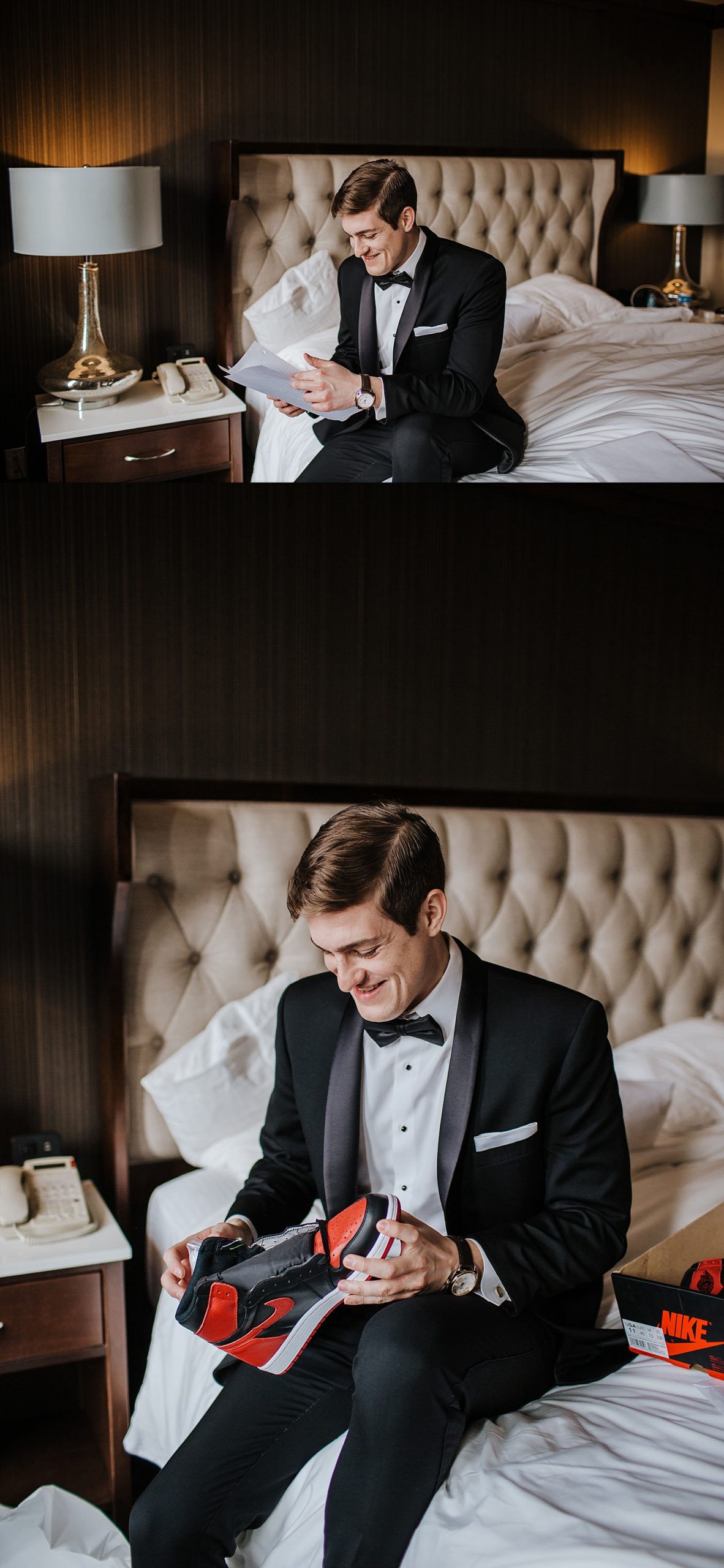 groom reads letter from bride in hotel suite on wedding day at the Inn at St Johns