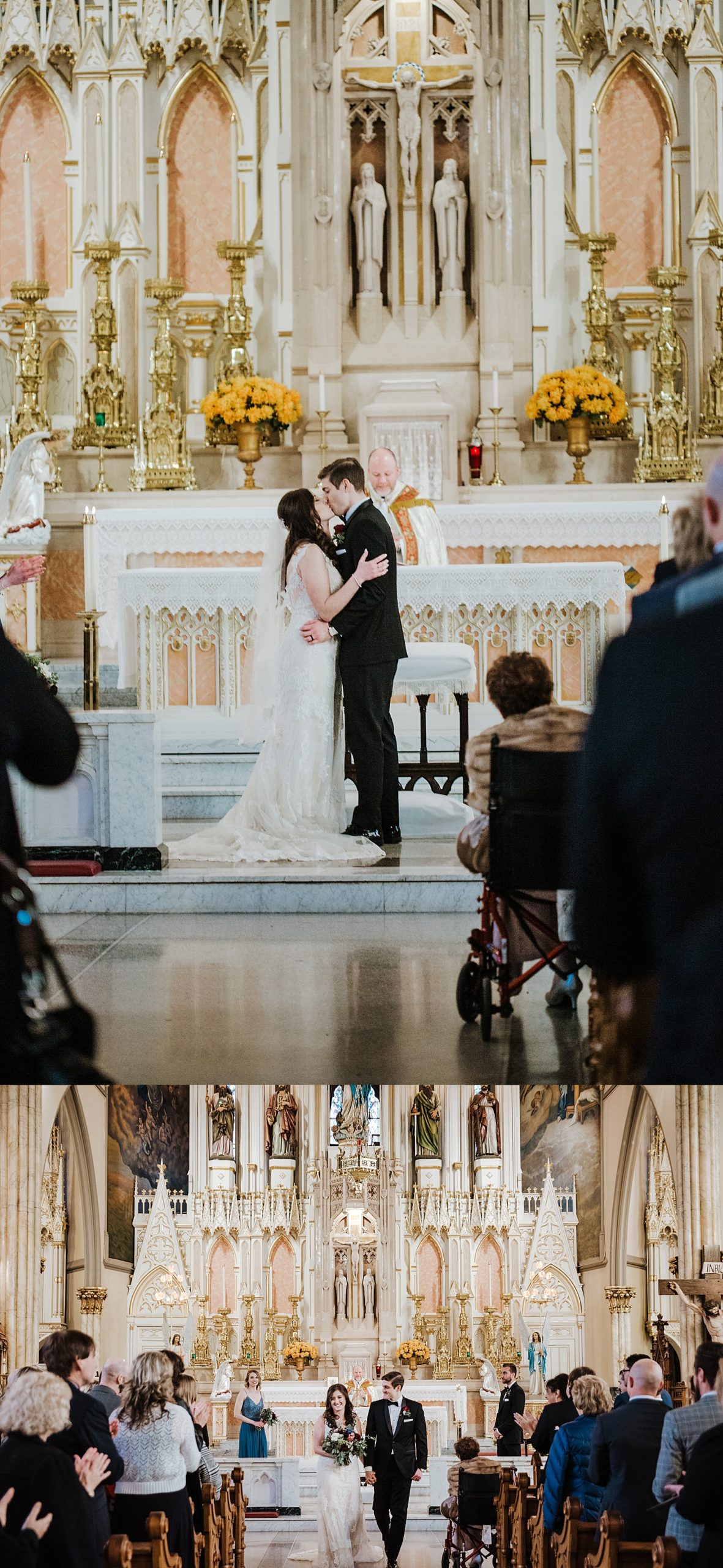 bride and groom share first kiss during church ceremony 